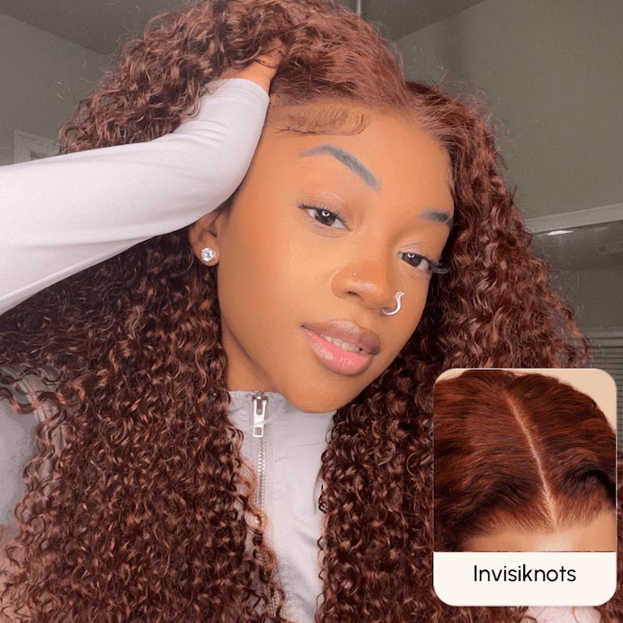 Bye-Bye Knots Glueless Lace Reddish Brown Curly Human Hair Wigs