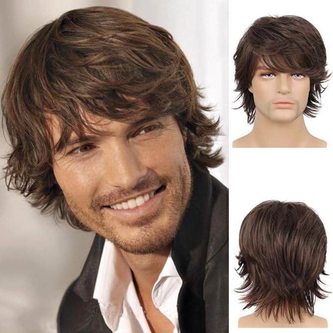 MW-Short Brown Wig for Mens Layered Natural Fluffy Synthetic Hair